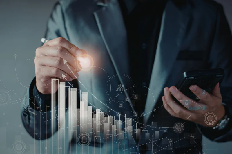 Análisis de datos y crecimiento empresarial representado en gráficos digitales